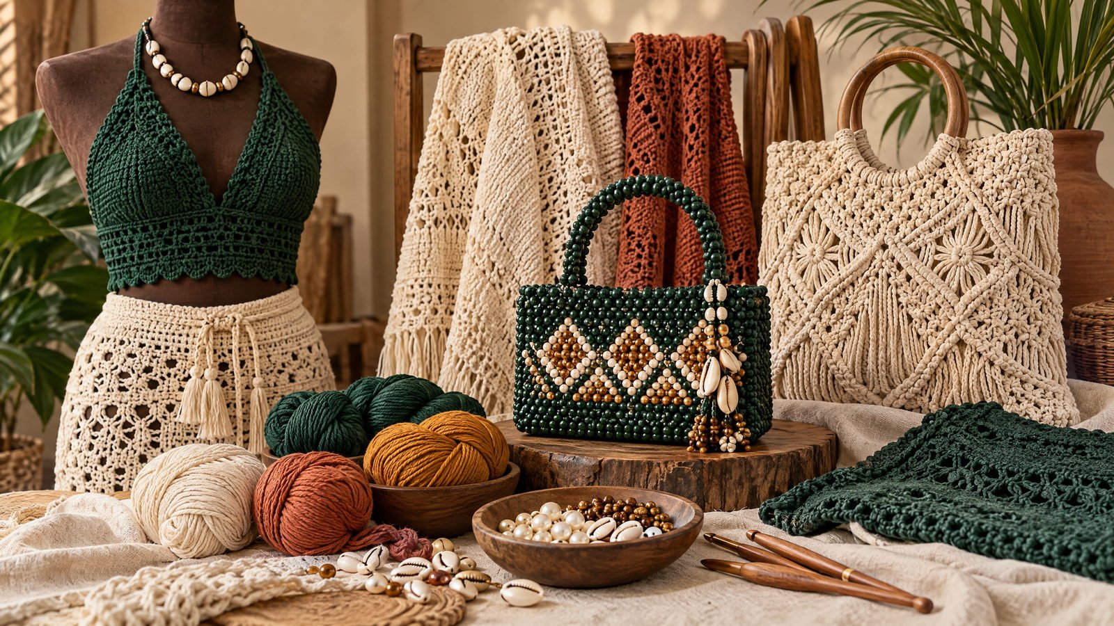 Composition de créations artisanales en crochet, perles et macramé